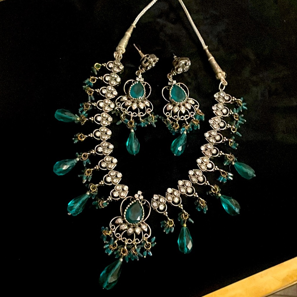 Silver, stone and teal necklace and earring set